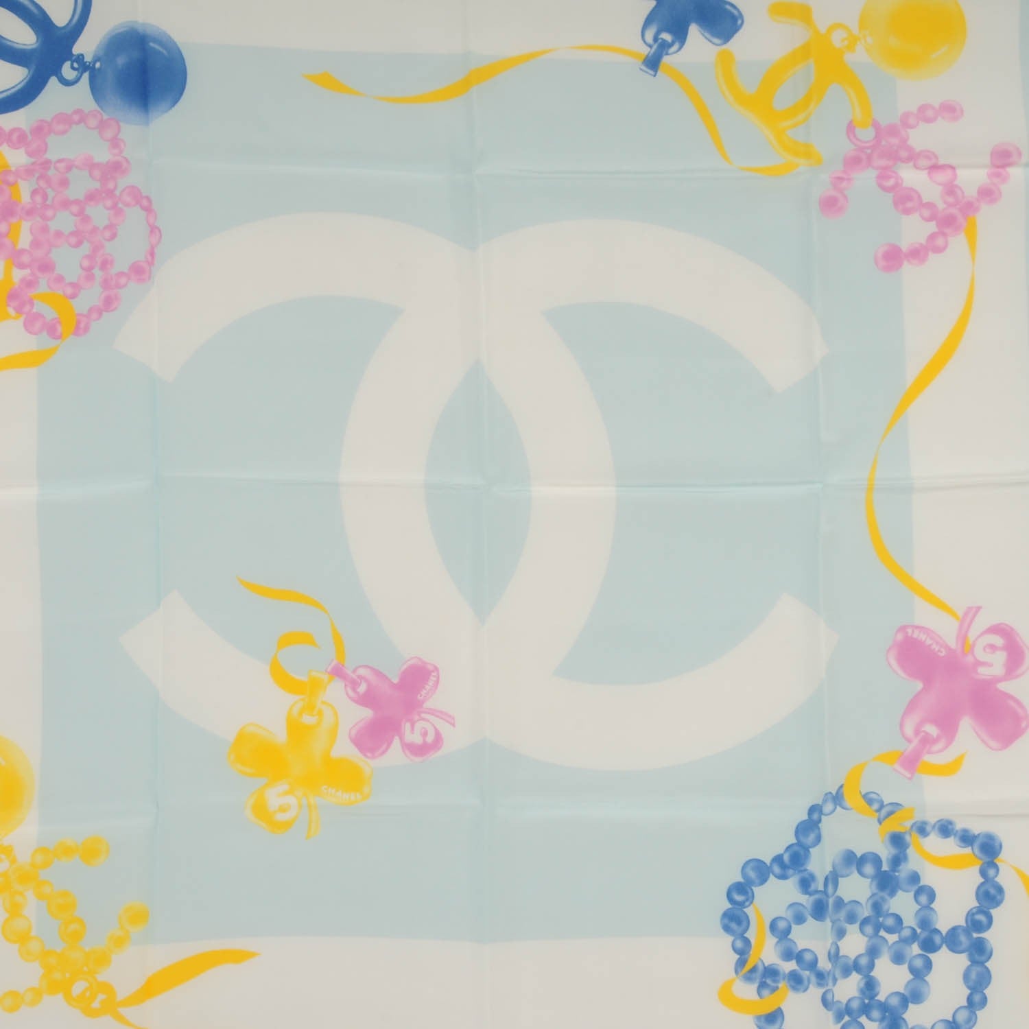 Chanel Silk CC Pearl Clover Scarf Yellow Blue Pink 1 of 5