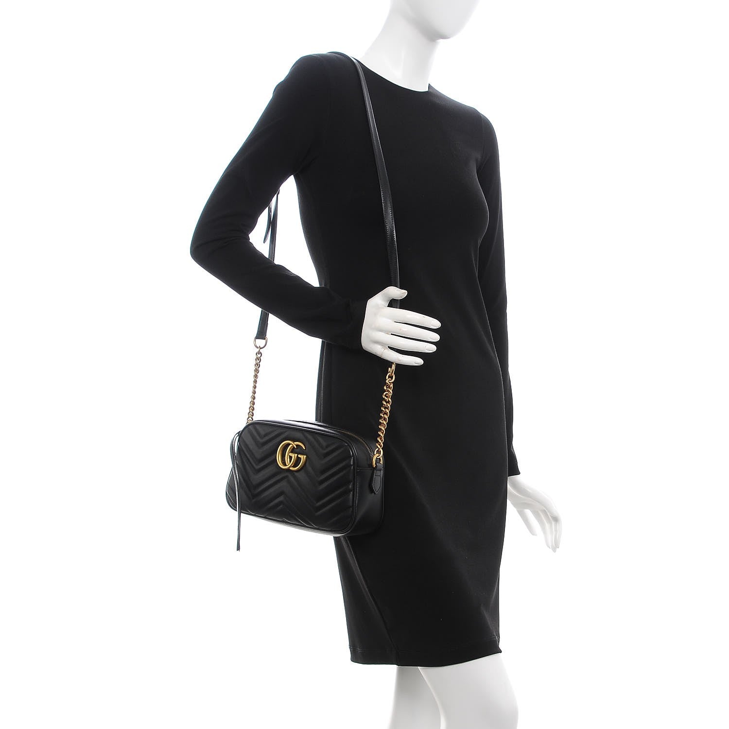 Gucci Calfskin Matelasse Small GG Marmont Chain Shoulder Bag Black 2 of 7