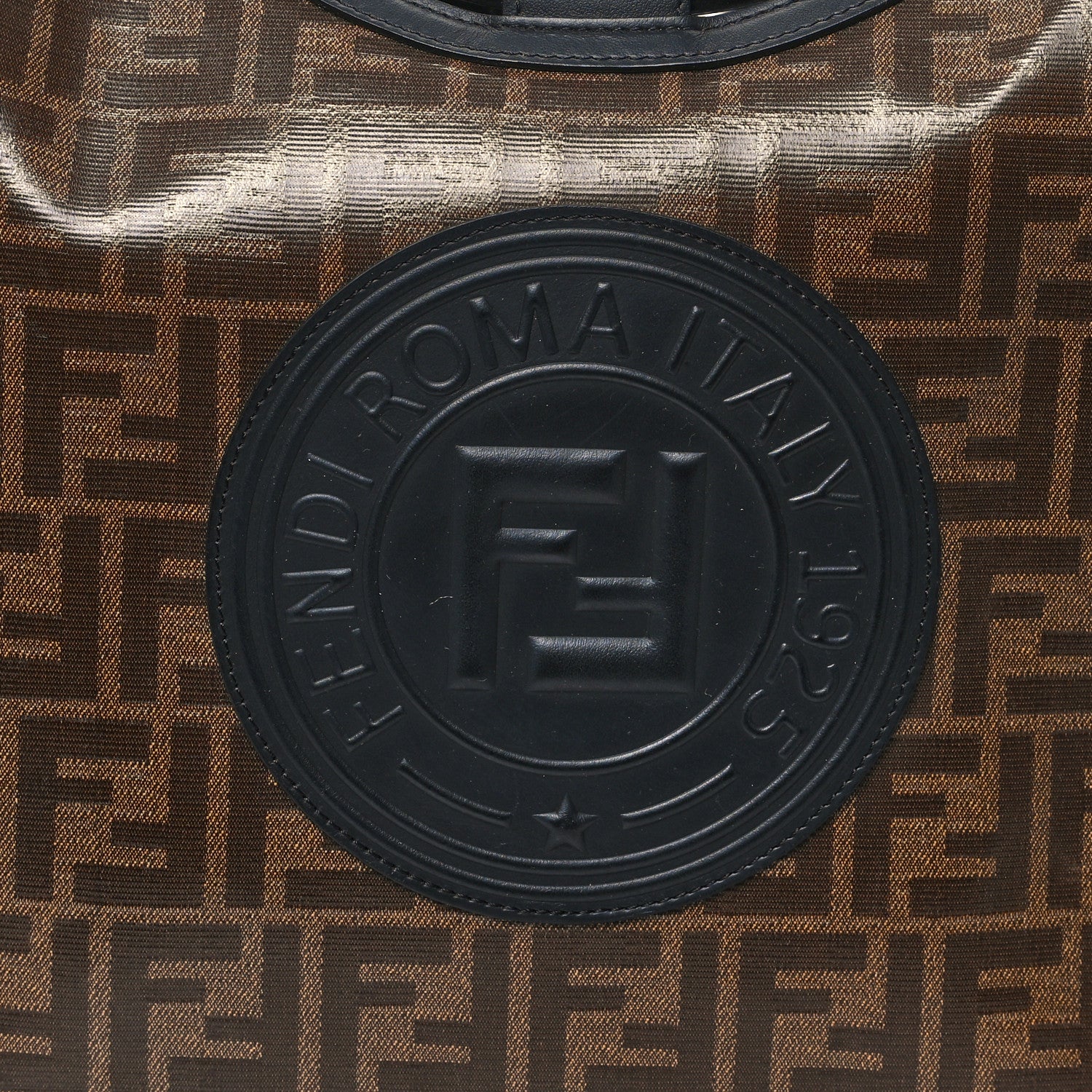 Fendi Glazed Fabric Vitello Century Plexiglass FF 1974 Stamp Patch Medium Runaway Shopper Tote Mogano Panna Black 8 of 14