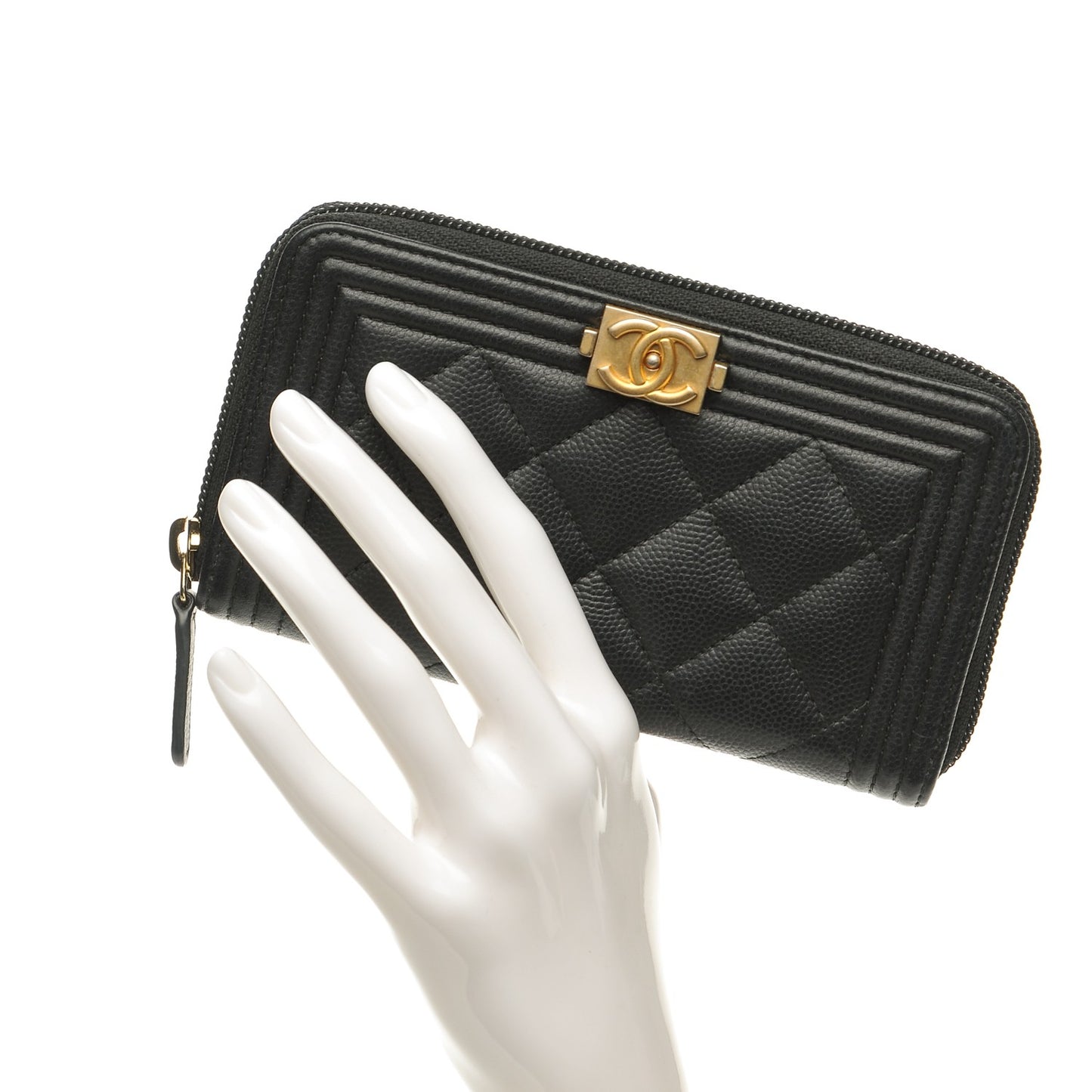 Caviar Quilted Boy Small Zip Around Wallet Black