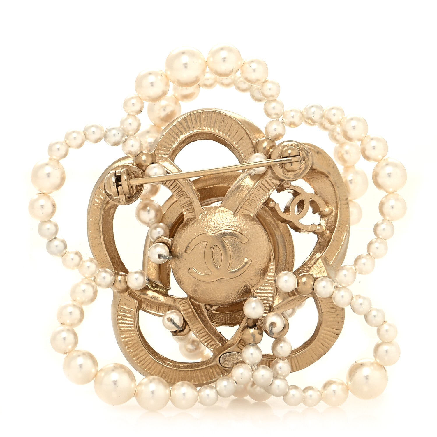 Chanel Pearl Crystal Camellia CC Brooch Gold White 3 of 4