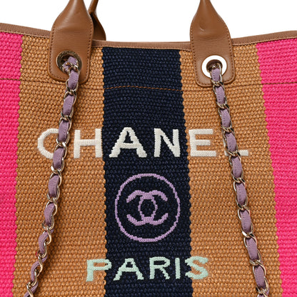 Chanel Straw Raffia Calfskin Striped Medium Deauville Tote Dark Beige Fuchsia Navy Blue 7 of 11