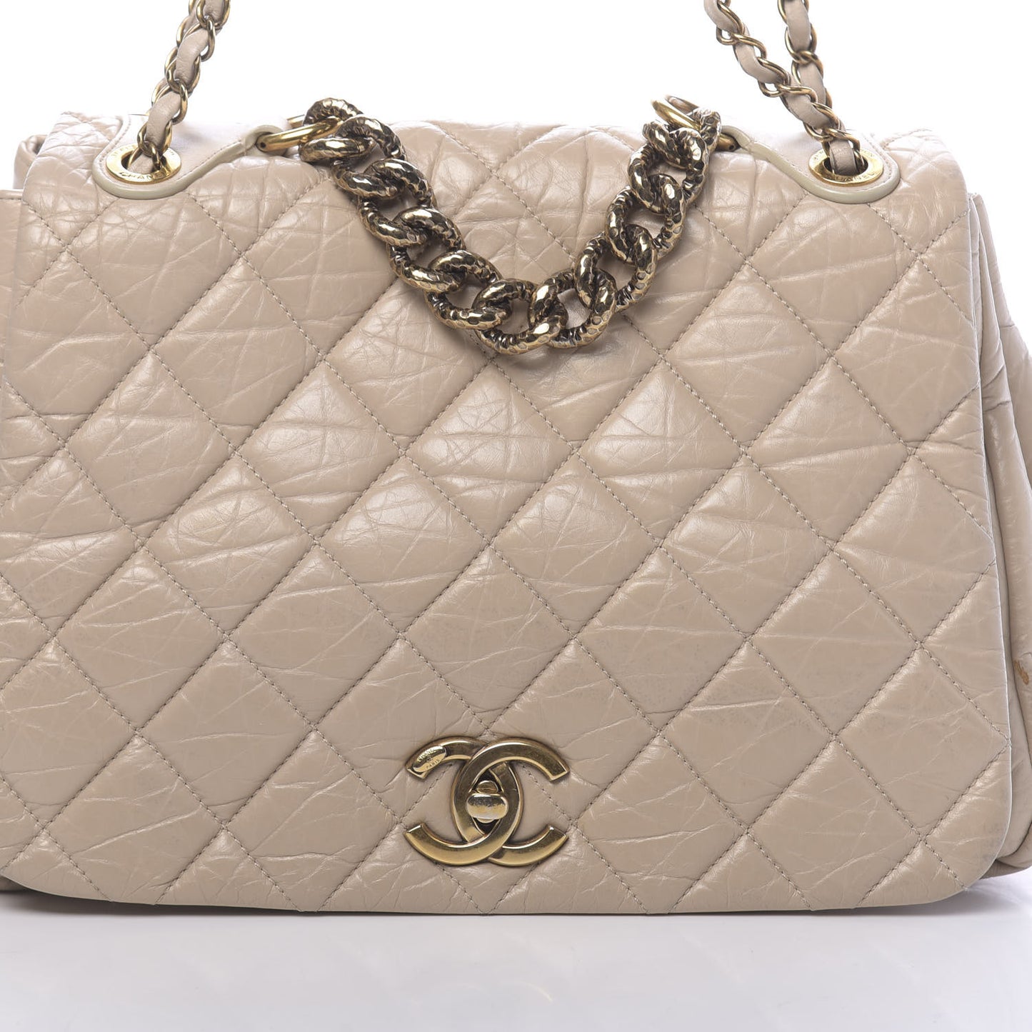 Aged Calfskin Quilted Large Pondichery Flap Beige