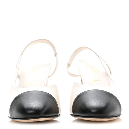 Chanel Lambskin Grosgrain Cap Toe CC Slingback Pumps 37 White Black 3 of 8