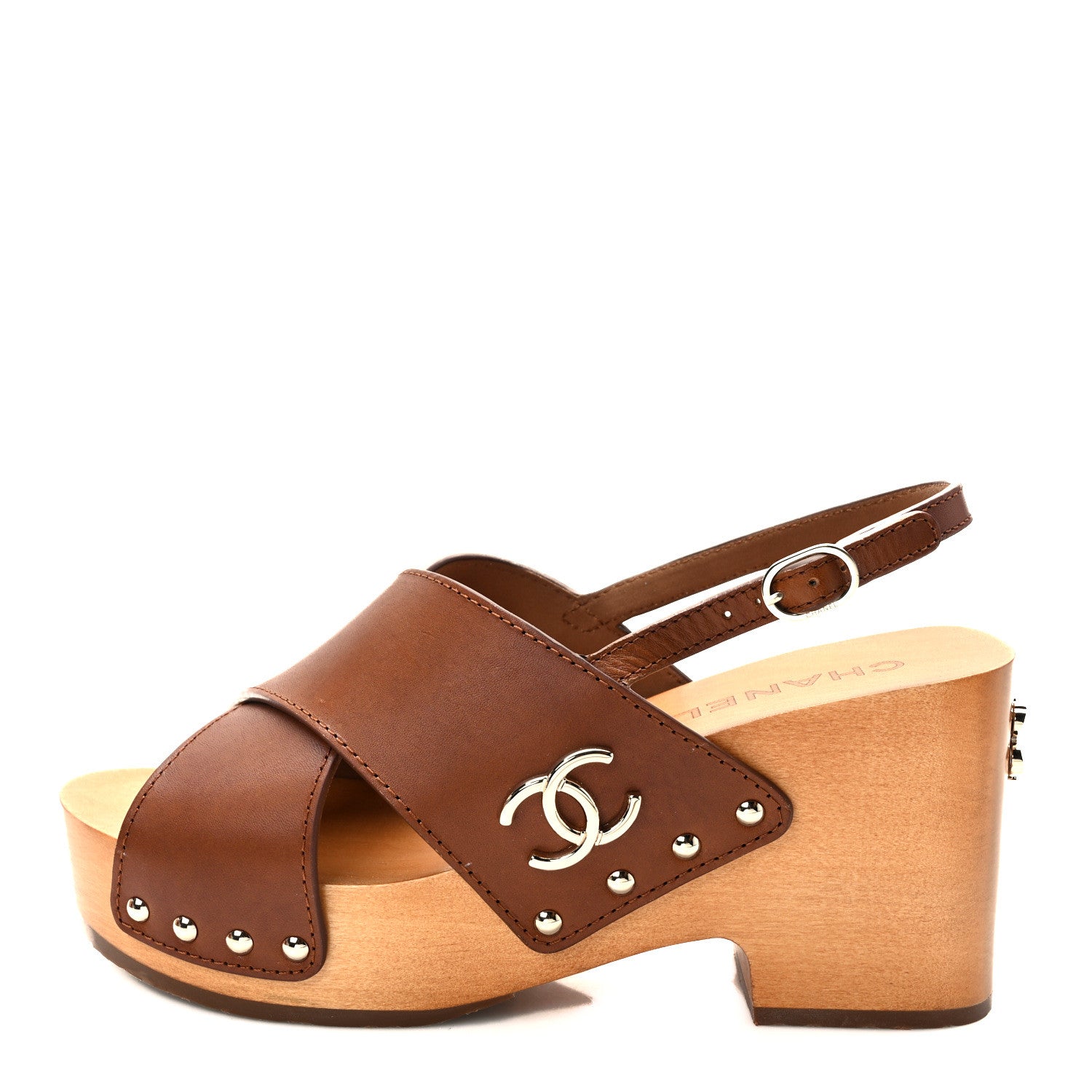 Chanel Calfskin Studded Slingback Clog Sandals 37 Dark Brown 1 of 10
