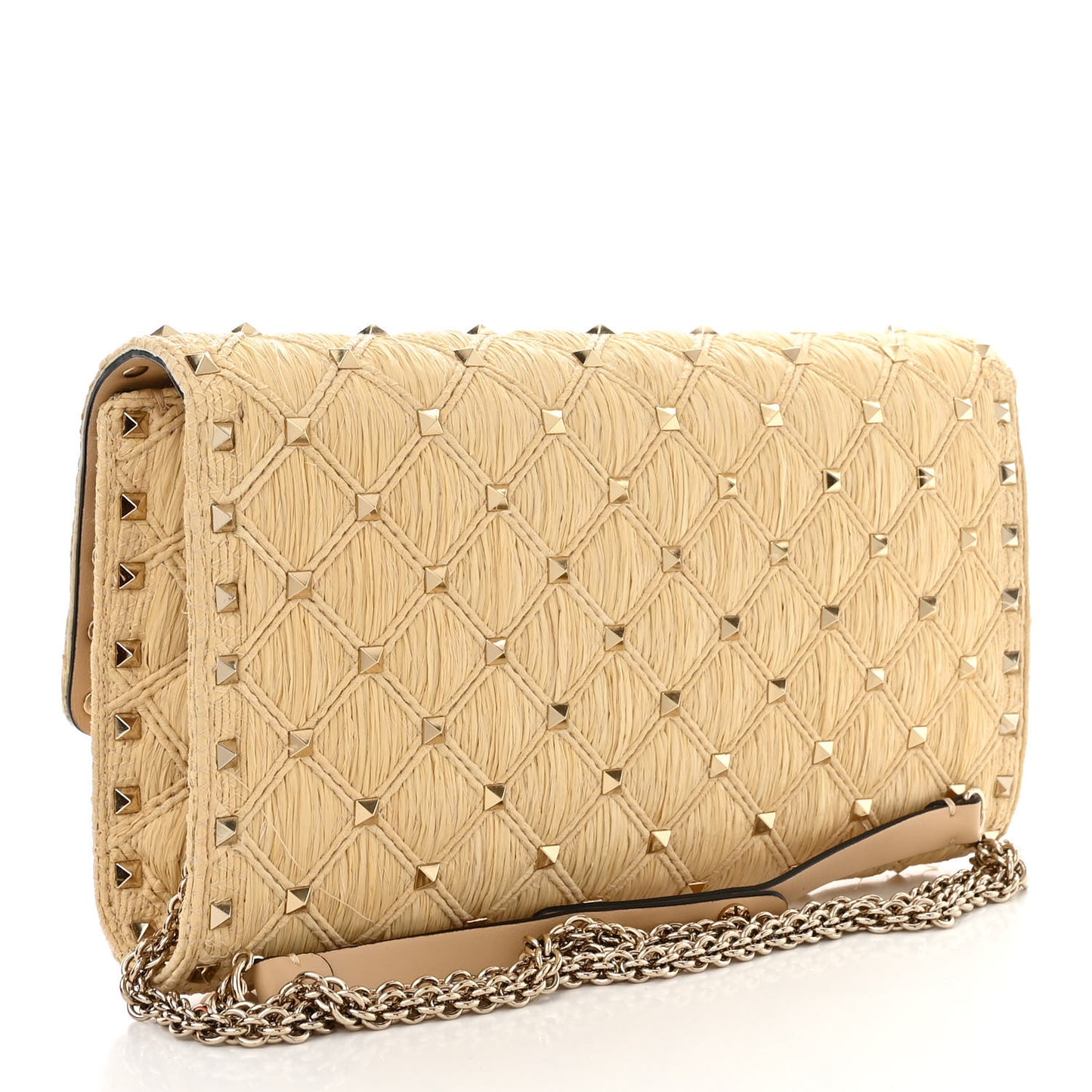 Raffia Lambskin Rockstud Spike Wallet on Chain Naturale