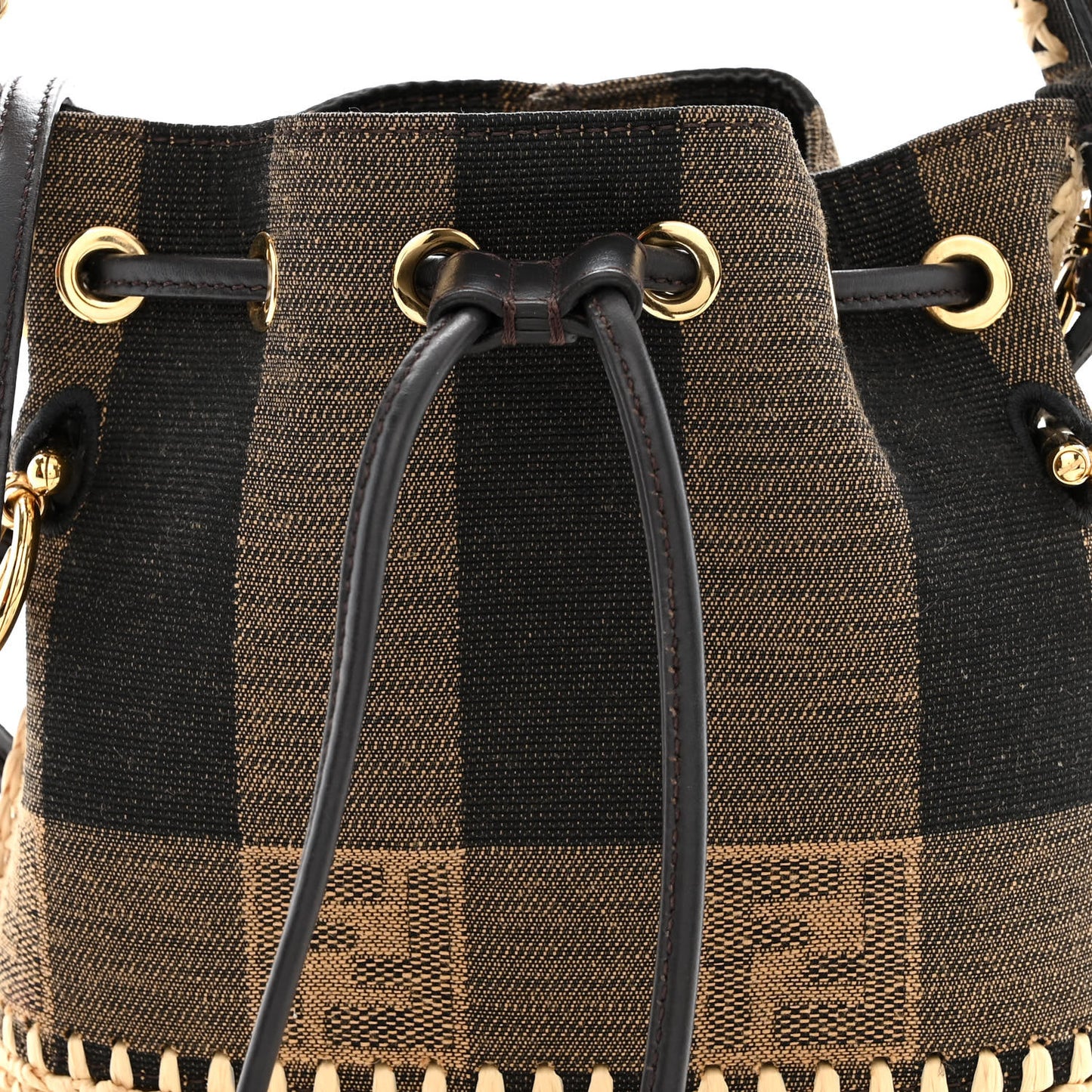 Fabric Jacquard Raffia Straw Pequin Gingham Woven Mini Mon Tresor Bucket Bag Beige Black Natural
