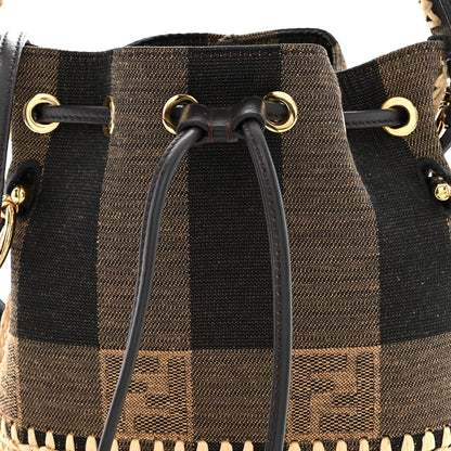 Fendi Fabric Jacquard Raffia Straw Pequin Gingham Woven Mini Mon Tresor Bucket Bag Beige Black Natural 8 of 11