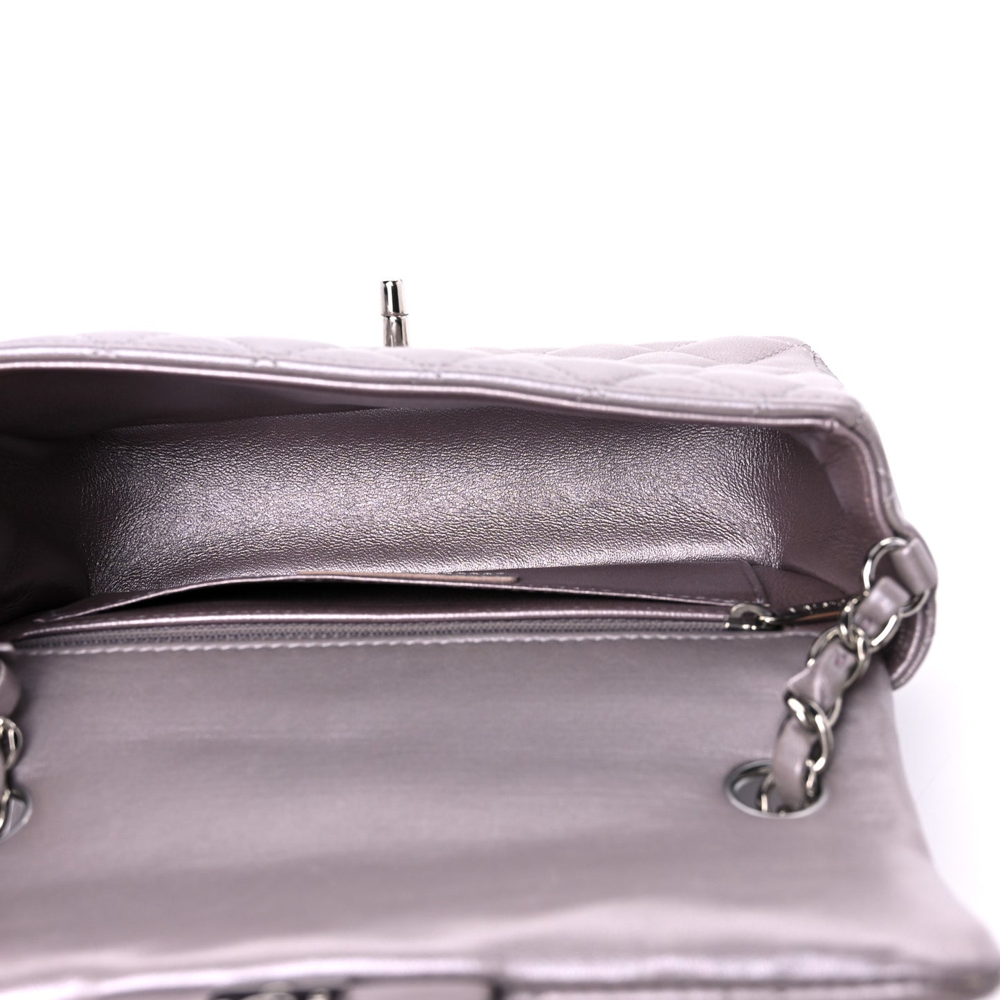 Metallic Lambskin Quilted Mini Rectangular Flap Light Silver