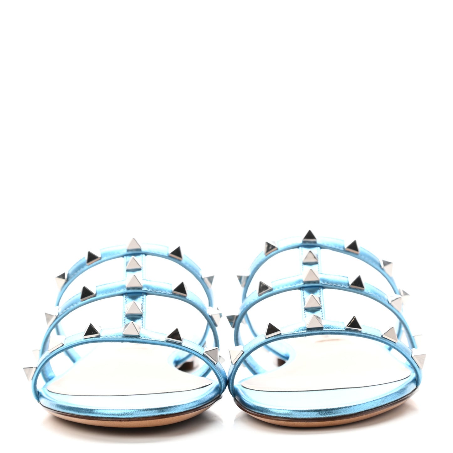 Metallic Nappa Rockstud Caged Flat Slide Sandals 36.5 Cerulean