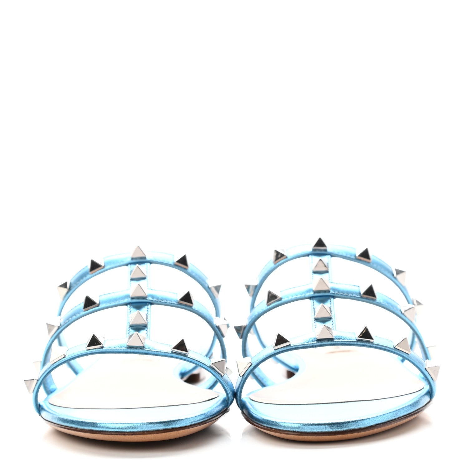 Valentino Garavani Metallic Nappa Rockstud Caged Flat Slide Sandals 36.5 Cerulean 2 of 8