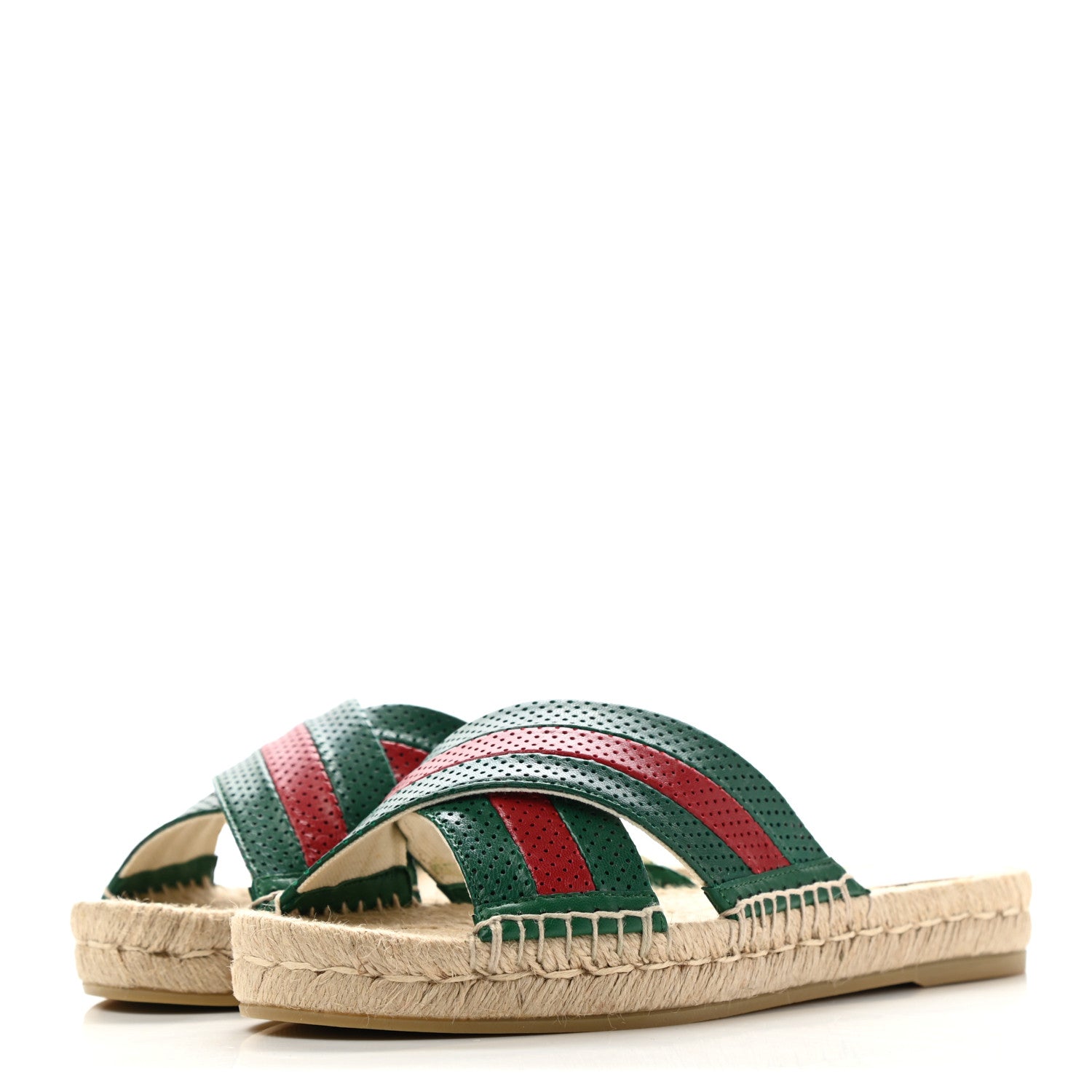 Gucci Malaga Kid Perforated Criss Cross Espadrille Slide Sandals 37.5 Emerald Hibiscus Red 3 of 8