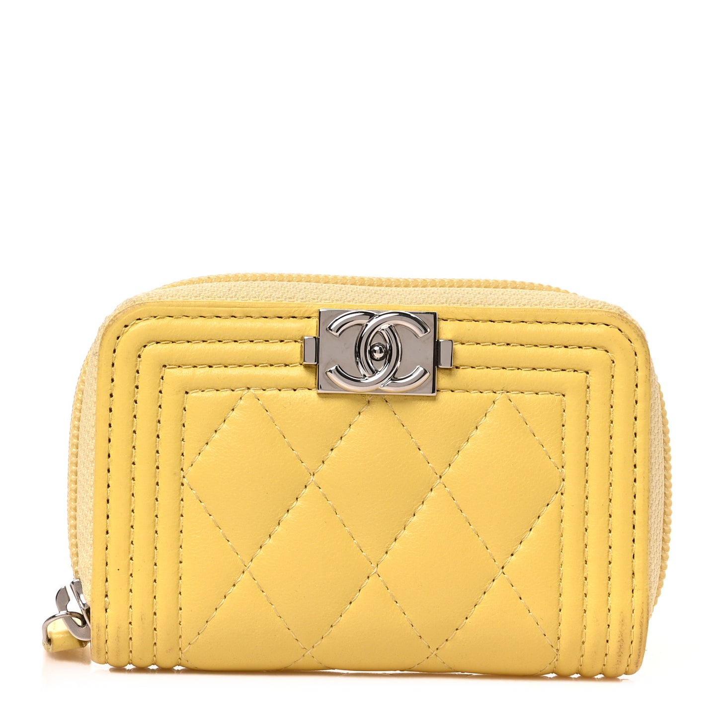 Lambskin Quilted Zip Around Boy Coin Purse Wallet Yellow