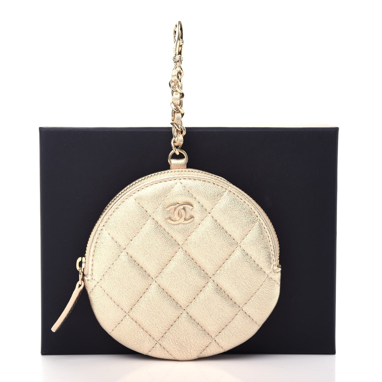 Metallic Lambskin Quilted Round Clip On Coin Purse Gold