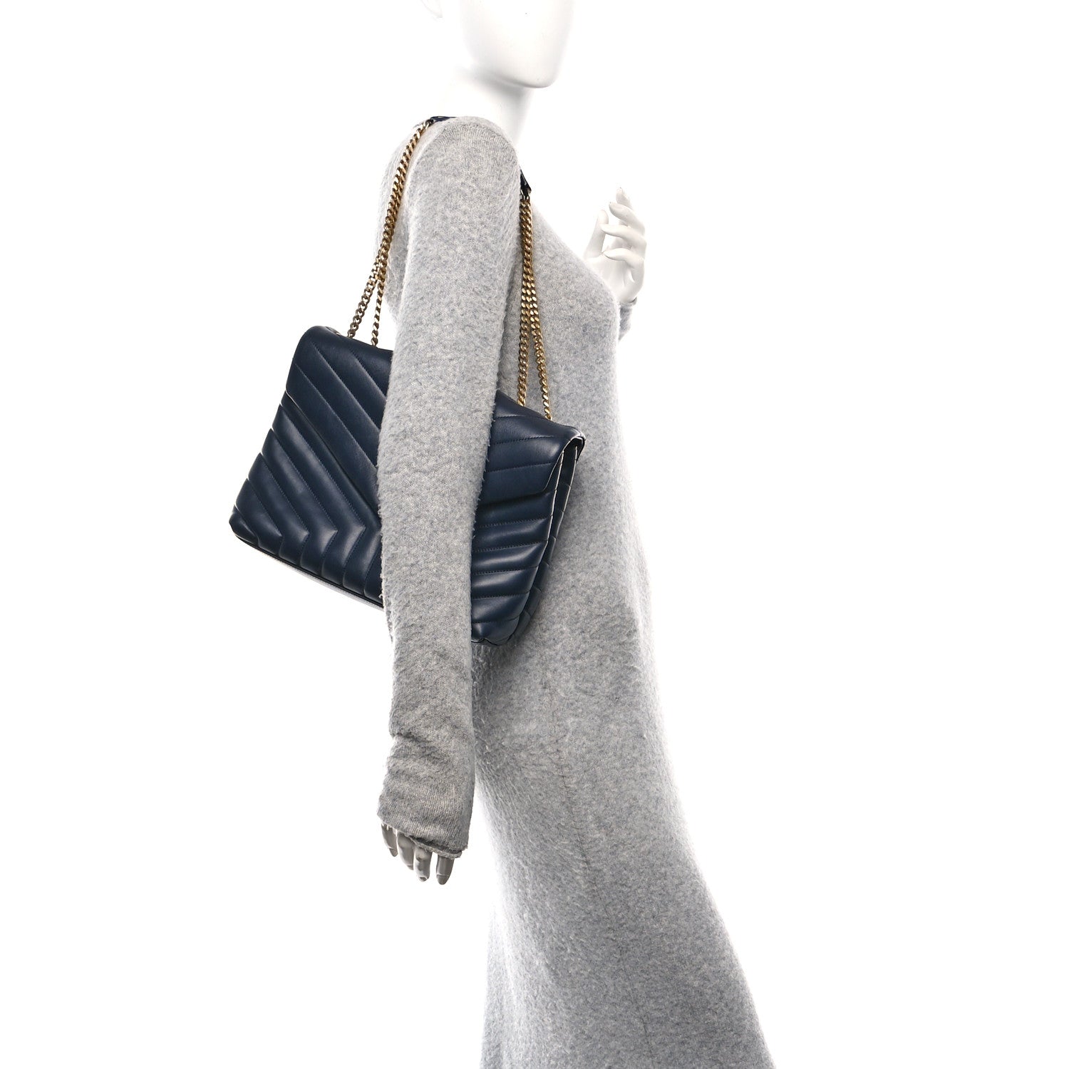 Saint Laurent Calfskin Y Quilted Monogram Medium Loulou Chain Satchel Deep Marine 2 of 11