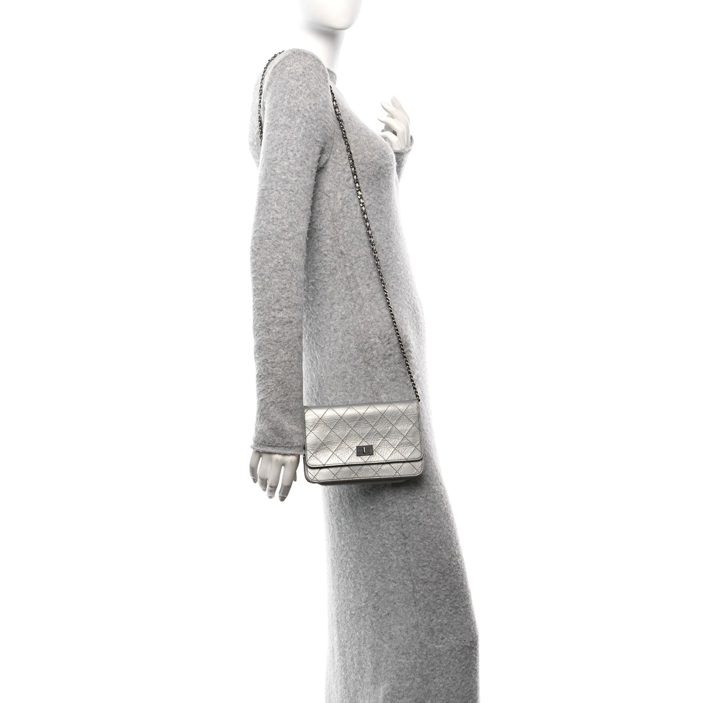 Metallic Aged Calfskin Quilted Reissue Wallet On Chain WOC Silver