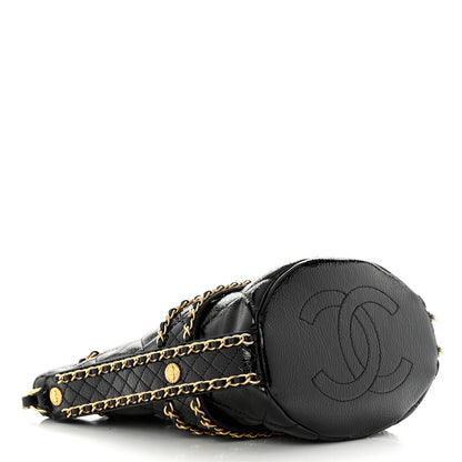 Chanel Shiny Aged Calfskin Quilted Chain Bucket Drawstring Bag Black 4 of 11