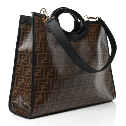 Fendi Glazed Fabric Vitello Century Plexiglass FF 1974 Stamp Patch Medium Runaway Shopper Tote Mogano Panna Black 2 of 4