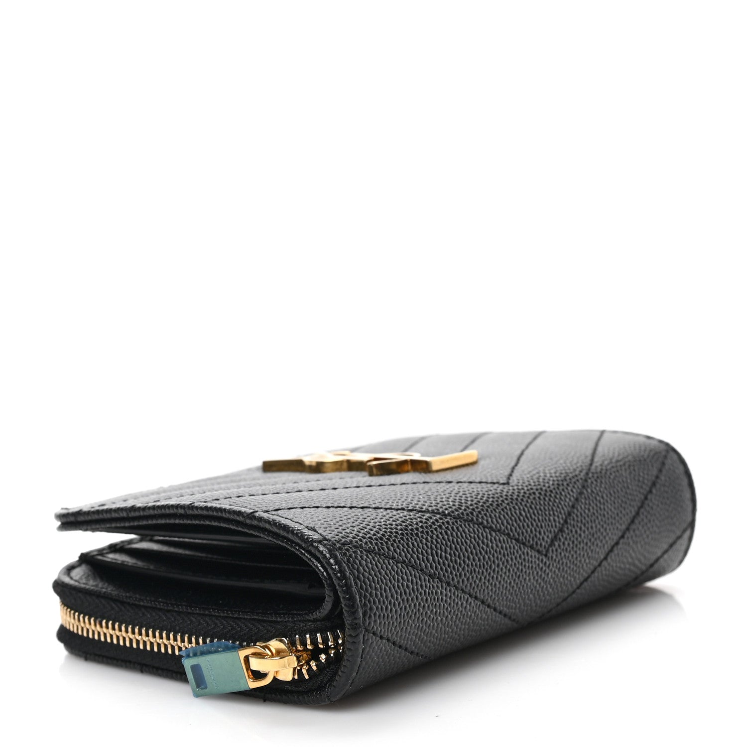 Saint Laurent Grain De Poudre Matelasse Chevron Monogram Compact Zip Around Wallet Black 4 of 6
