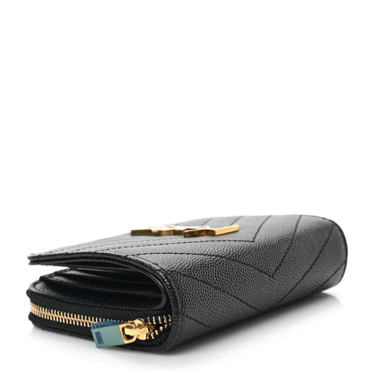 Saint Laurent Grain De Poudre Matelasse Chevron Monogram Compact Zip Around Wallet Black 4 of 6