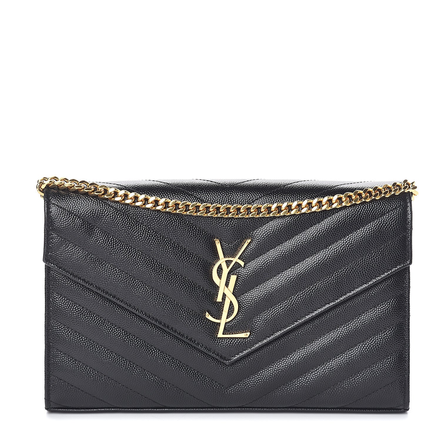 Saint Laurent Grain De Poudre Matelasse Chevron Monogram Chain Wallet Black 1 of 6