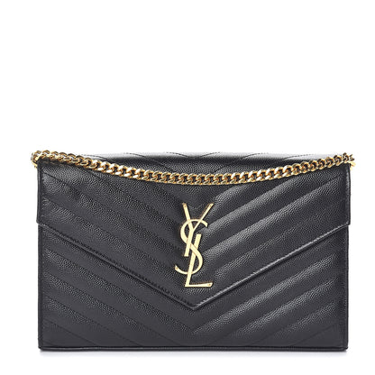 Saint Laurent Grain De Poudre Matelasse Chevron Monogram Chain Wallet Black 1 of 6