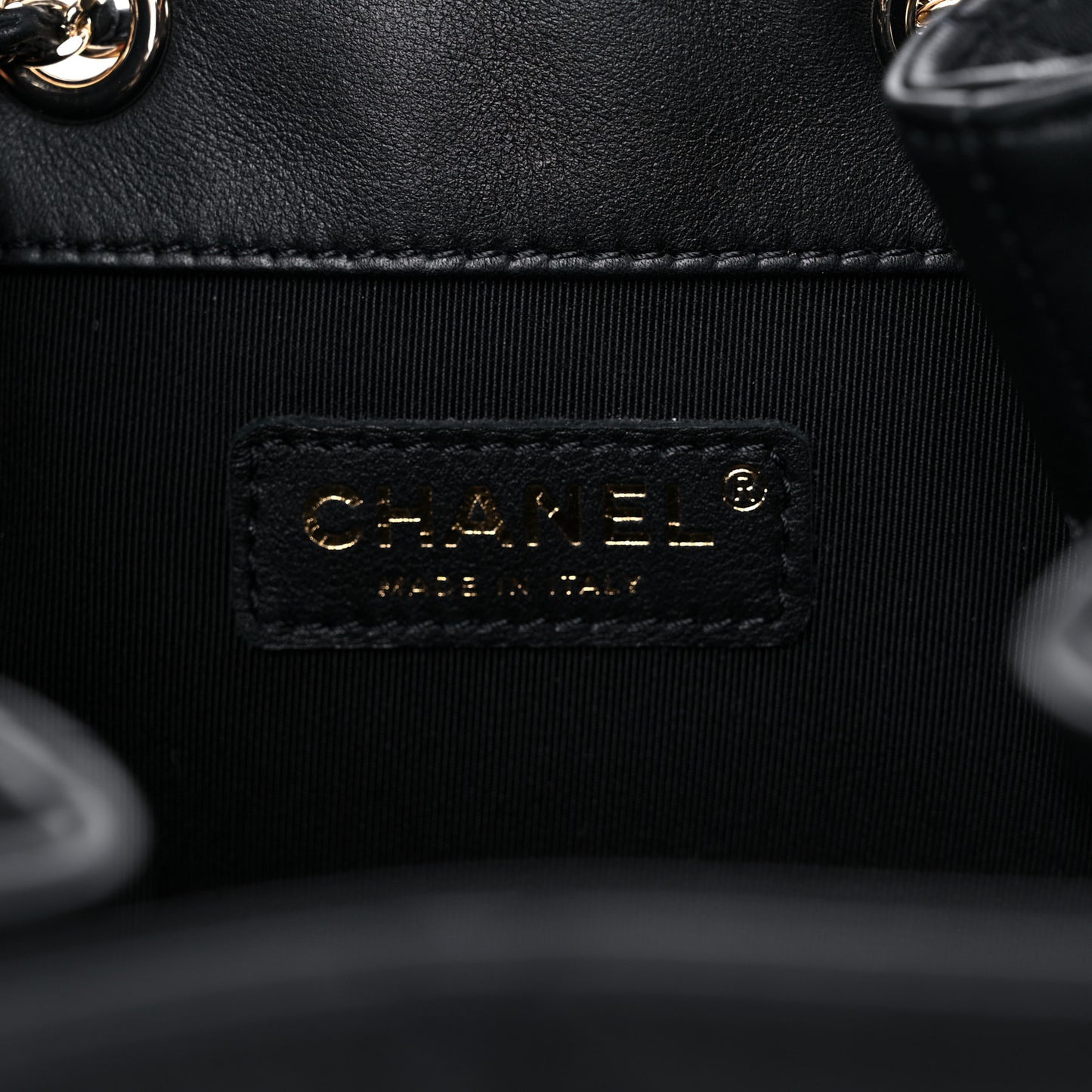 Grained Calfskin Quilted CC Chain Bucket Drawstring Bag Black