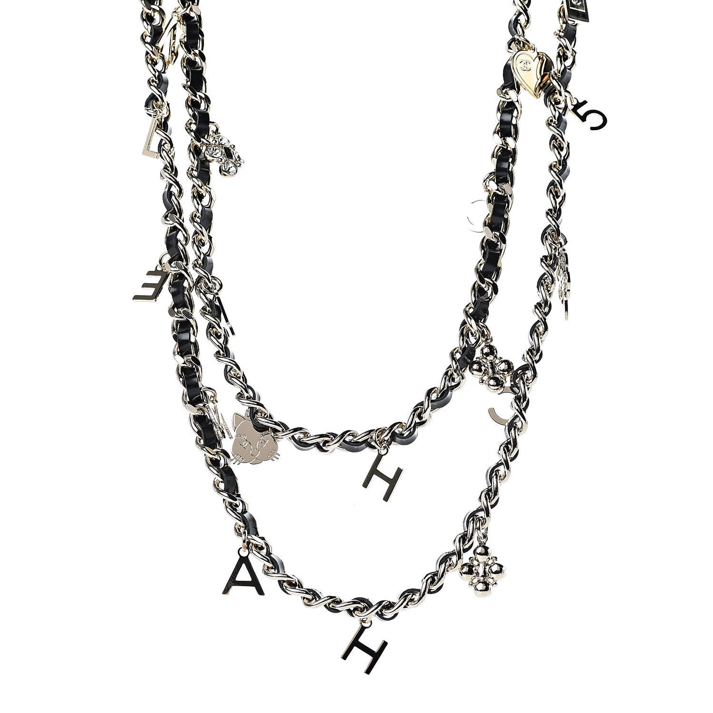 Glazed Calfskin Crystal Charm Necklace Black Gold