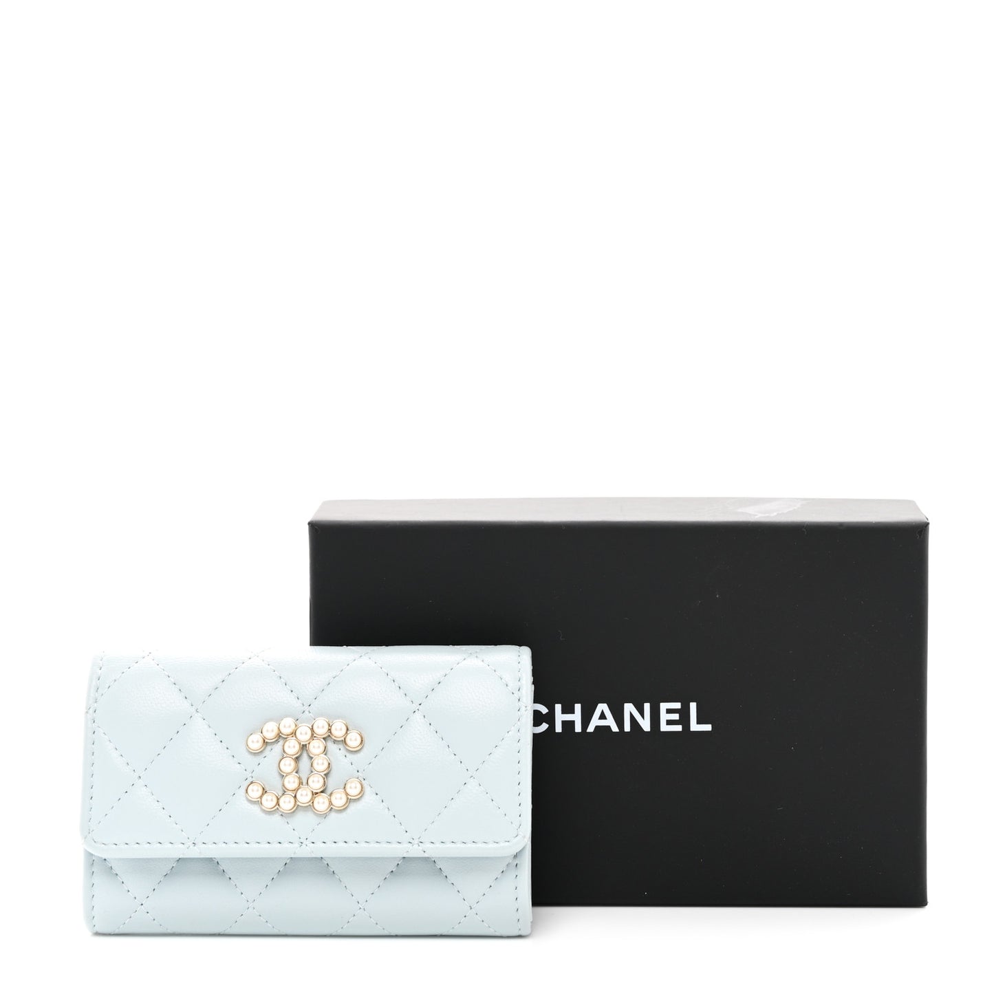 Lambskin Quilted Pearl CC Chanel Flap Card Holder Light Blue