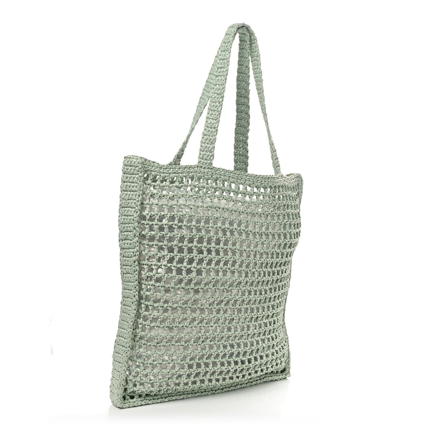 Prada Yarn Raffia Effect Crochet Logo Embroidered Tote Bag Acqua 2 of 10