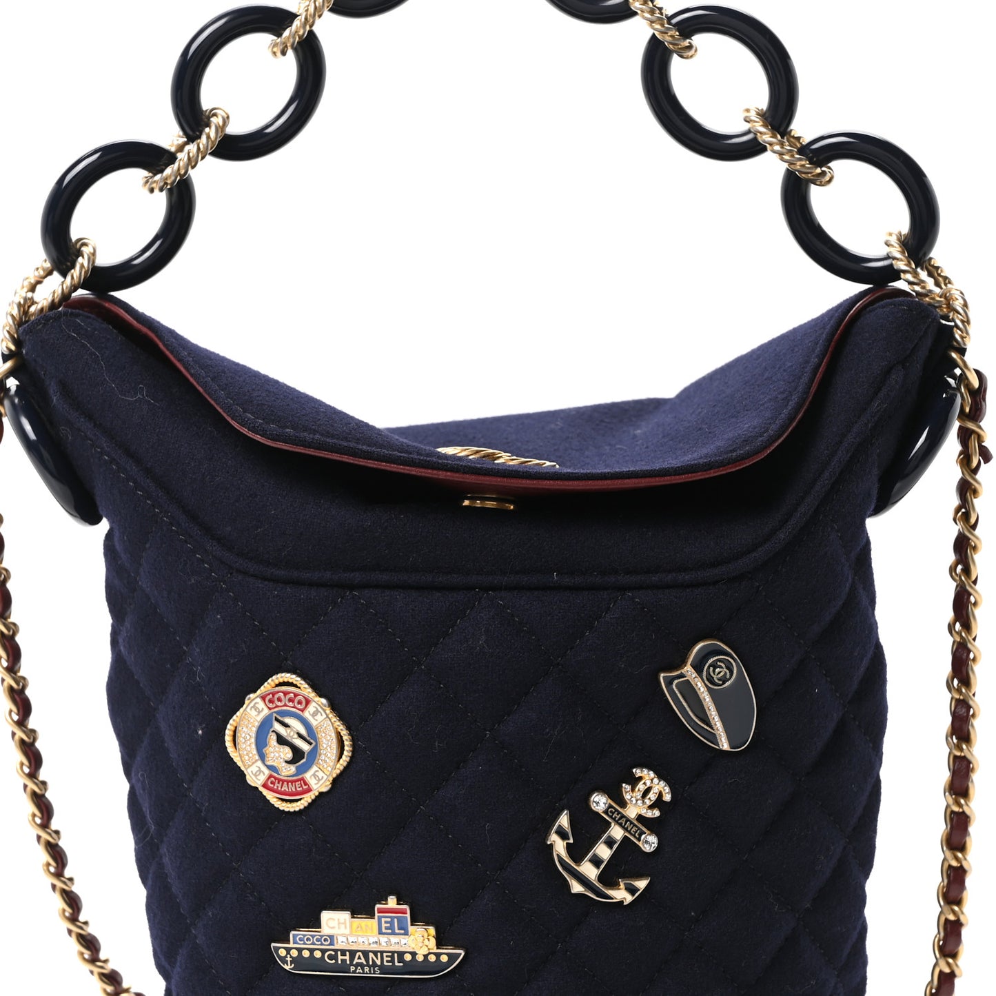 Wool Lambskin Quilted Paris Hamburg Charms Bucket Bag Dark Navy