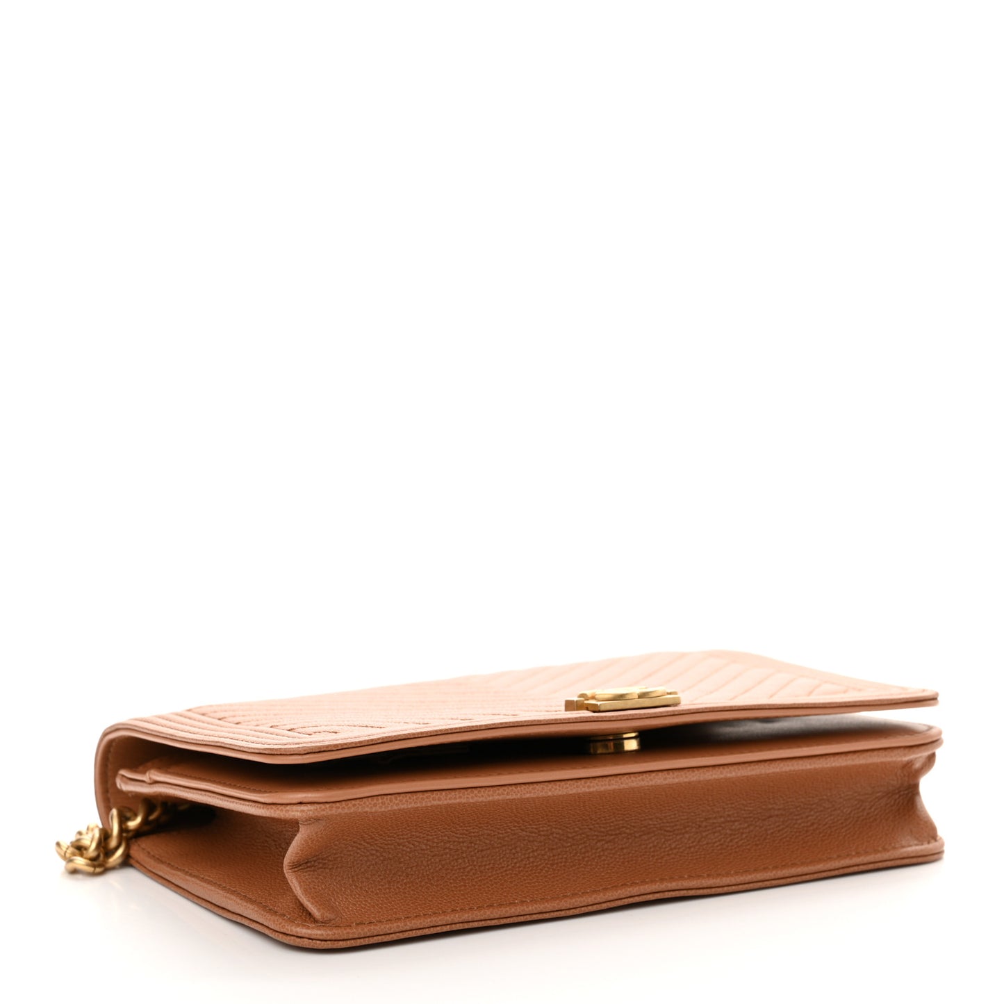 Caviar Chevron Quilted Boy Wallet On Chain WOC Dark Beige