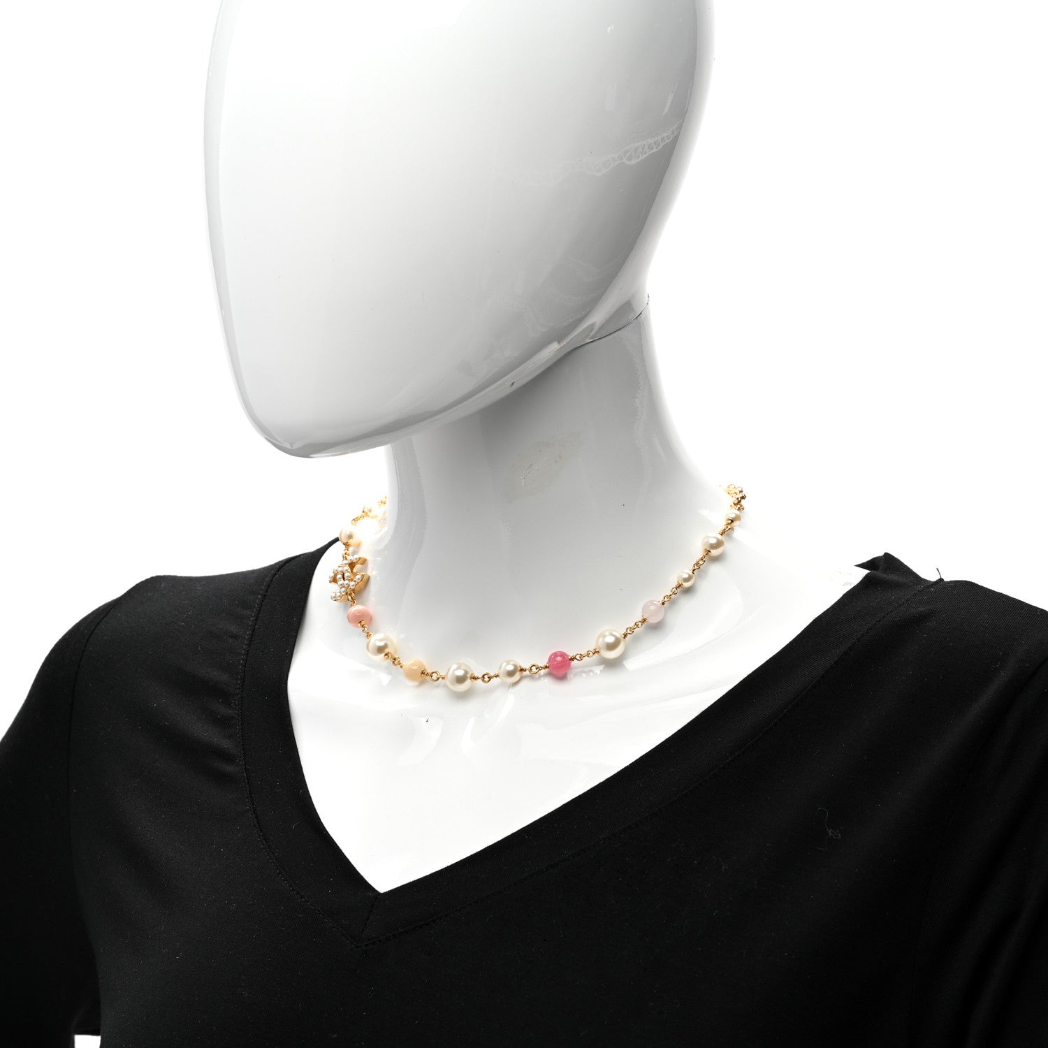 Chanel Resin Pearl Crystal CC Choker Necklace Gold Pink White 2 of 6