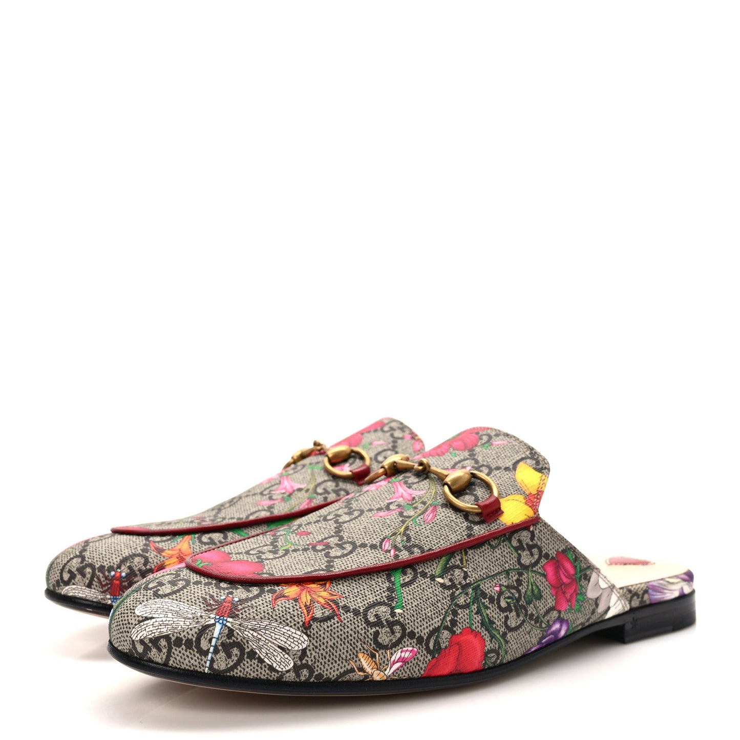 GG Supreme Monogram Flora Womens Princetown Slippers 37.5 Beige Ebony Multicolor Rosso