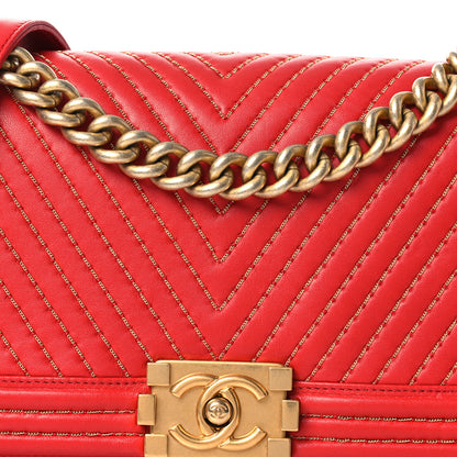 Chanel Lambskin Chevron Chain Stitched Medium Boy Flap Red 8 of 12
