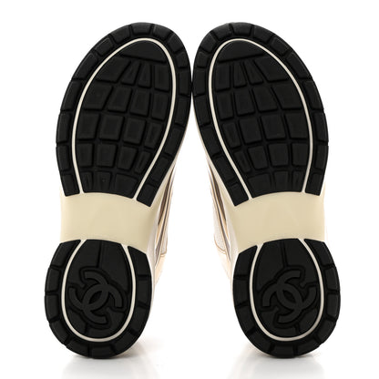 Chanel Fabric Laminated Calfskin Stretch CC Womens Sneakers 38 White Gold Silver 6 of 15