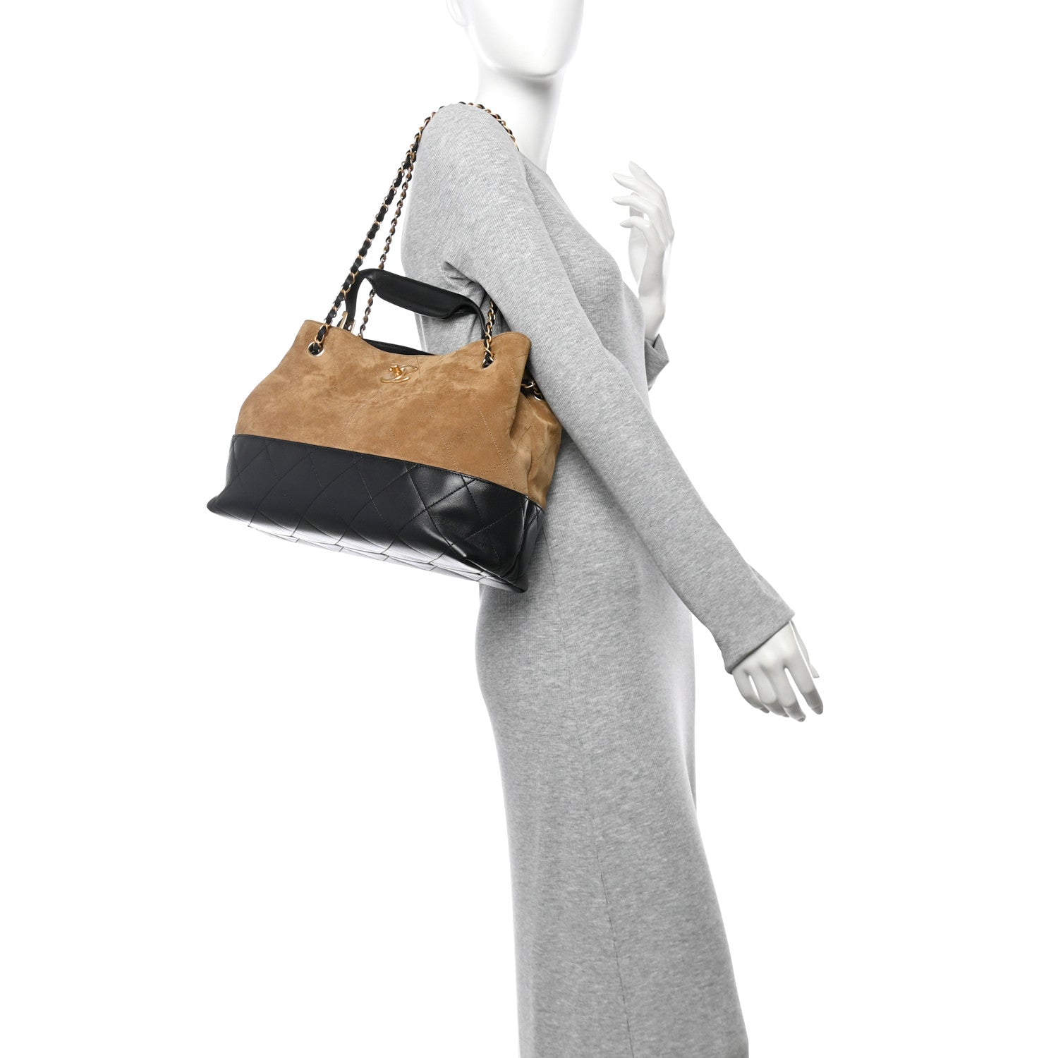 Chanel Suede Calfskin Shiny Lambskin Quilted Small Coco Base Shopping Bag Beige Black 2 of 10