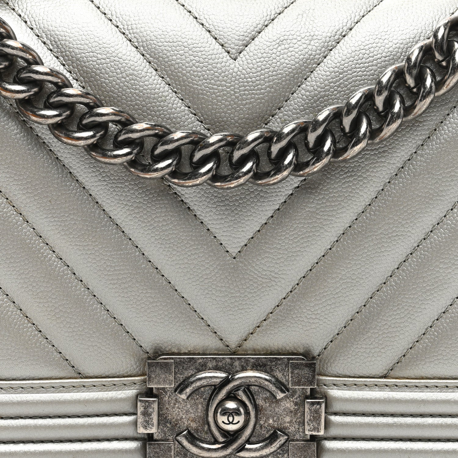 Chanel Metallic Caviar Chevron Quilted Medium Boy Flap Silver 8 of 10