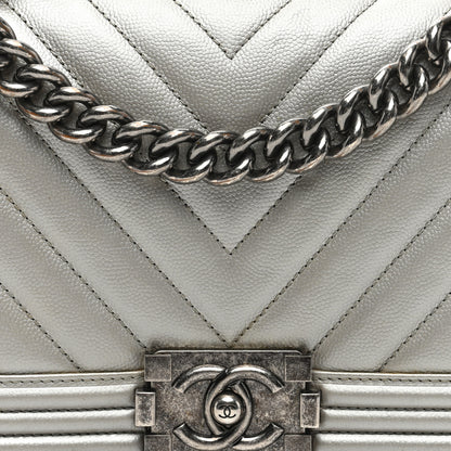 Chanel Metallic Caviar Chevron Quilted Medium Boy Flap Silver 8 of 10