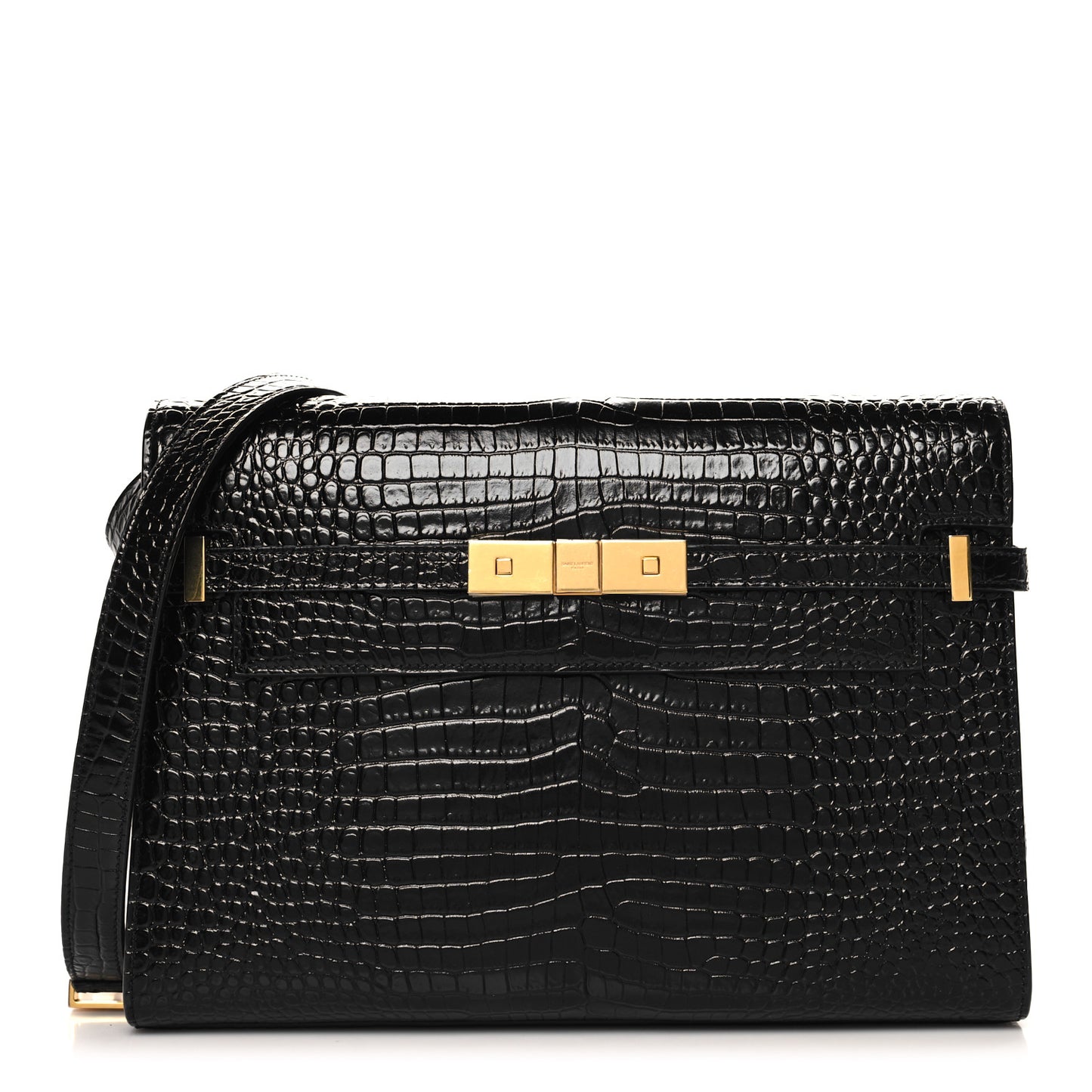 Shiny Calfskin Crocodile Embossed Manhattan Baguette Black