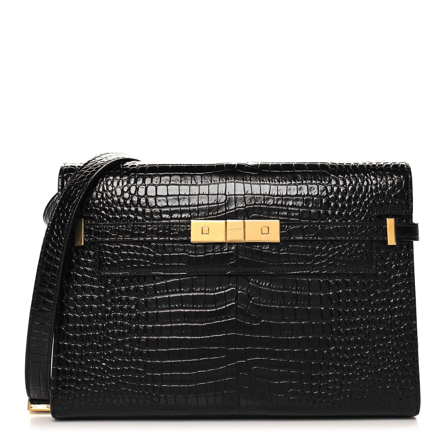 Saint Laurent Shiny Calfskin Crocodile Embossed Manhattan Baguette Black 1 of 12