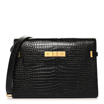 Saint Laurent Shiny Calfskin Crocodile Embossed Manhattan Baguette Black 1 of 12