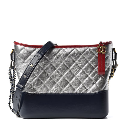 Chanel Metallic Aged Calfskin Quilted Medium Gabrielle Hobo Silver Navy Red 1 of 10