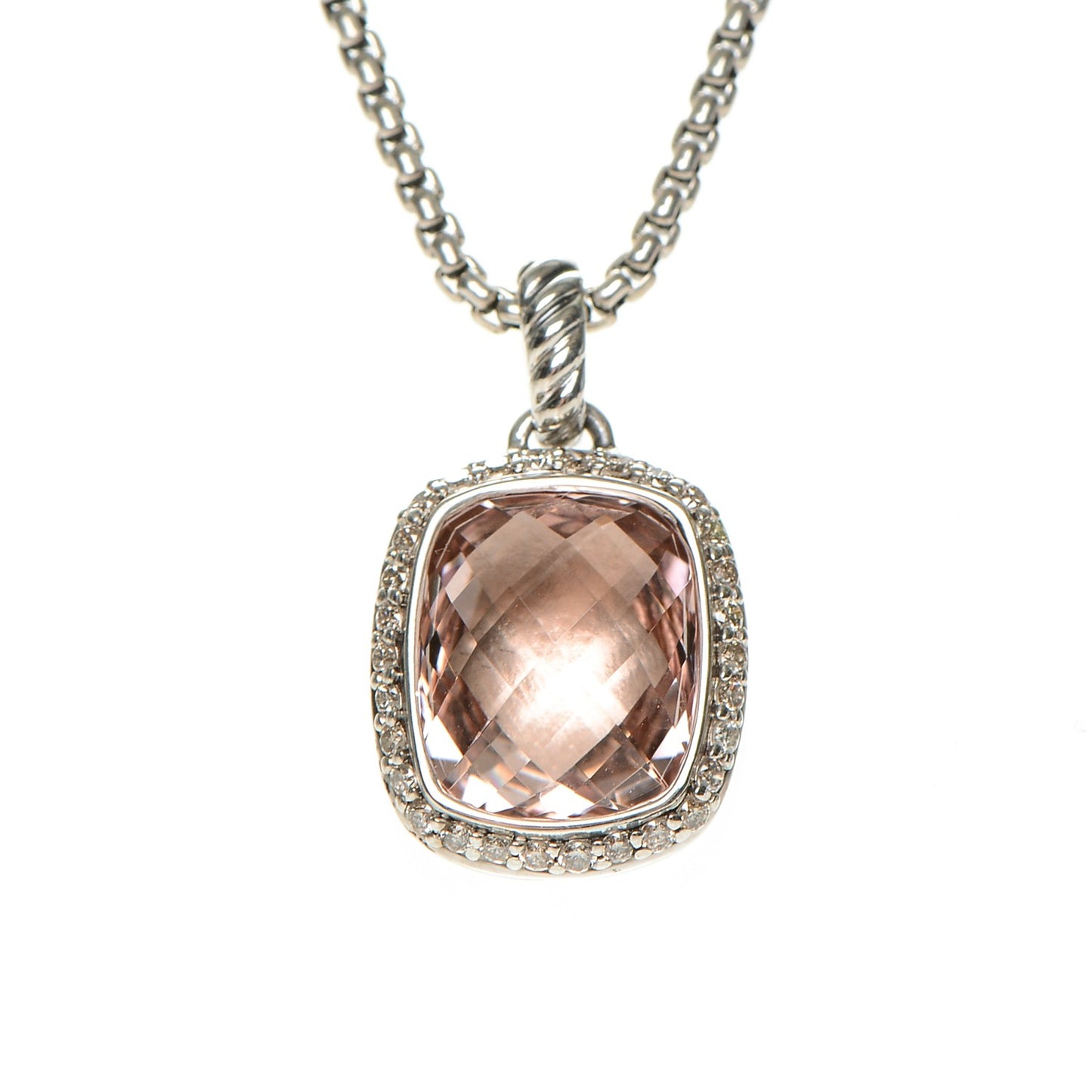 Sterling Silver Diamond Morganite 12mm Noblesse Pendant Necklace