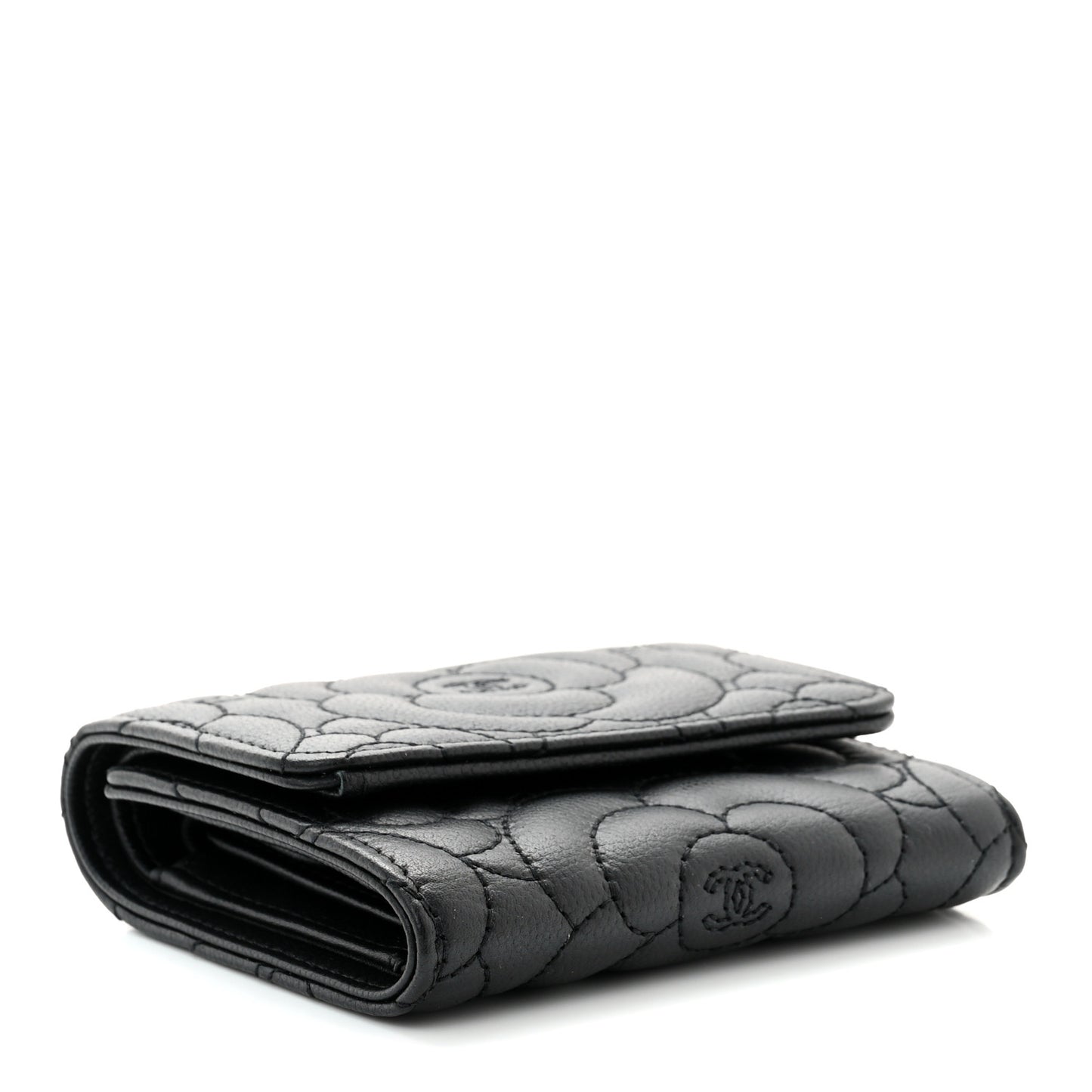 Caviar Camellia Embossed Compact Wallet Black
