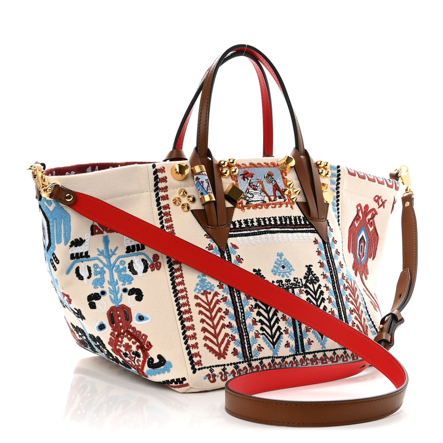Frise Broderie Calfskin Greekaba Tote Biscotto Multicolor