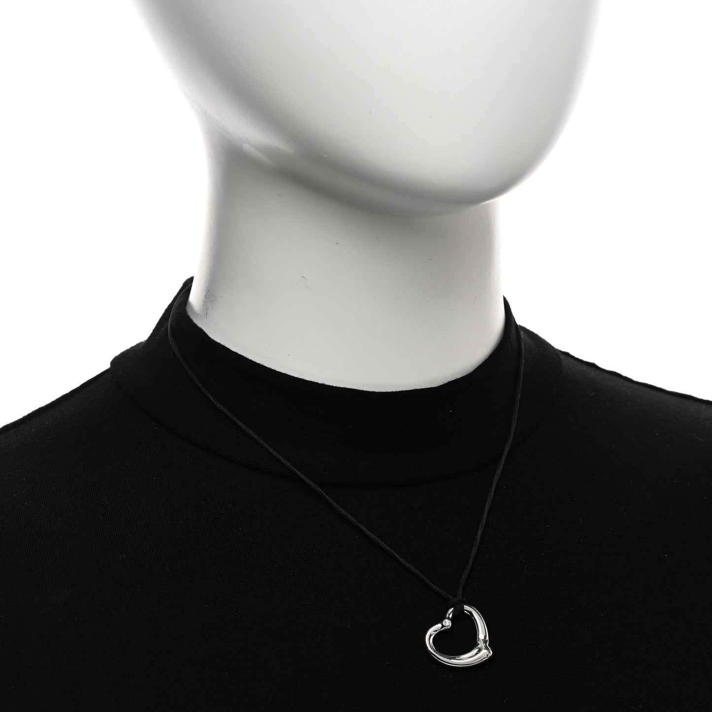 Sterling Silver Diamond Elsa Peretti Open Heart Pendant Cord Necklace