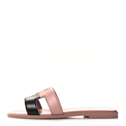 Hermes Box Calfskin Oran Sandals 37 Black Vieux Rose 1 of 8