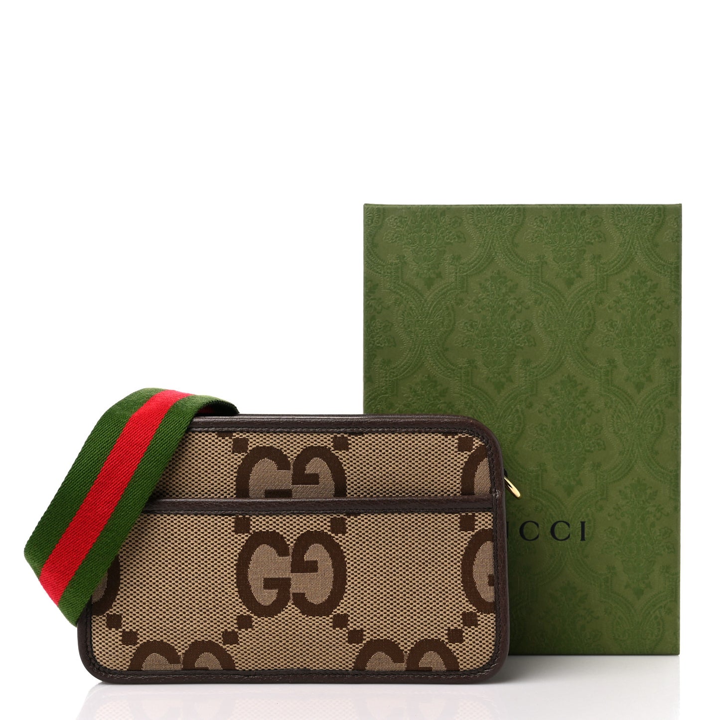 Monogram Jumbo GG Textured Dollar Calfskin Web Mini Crossbody Bag Camel Ebony New Acero