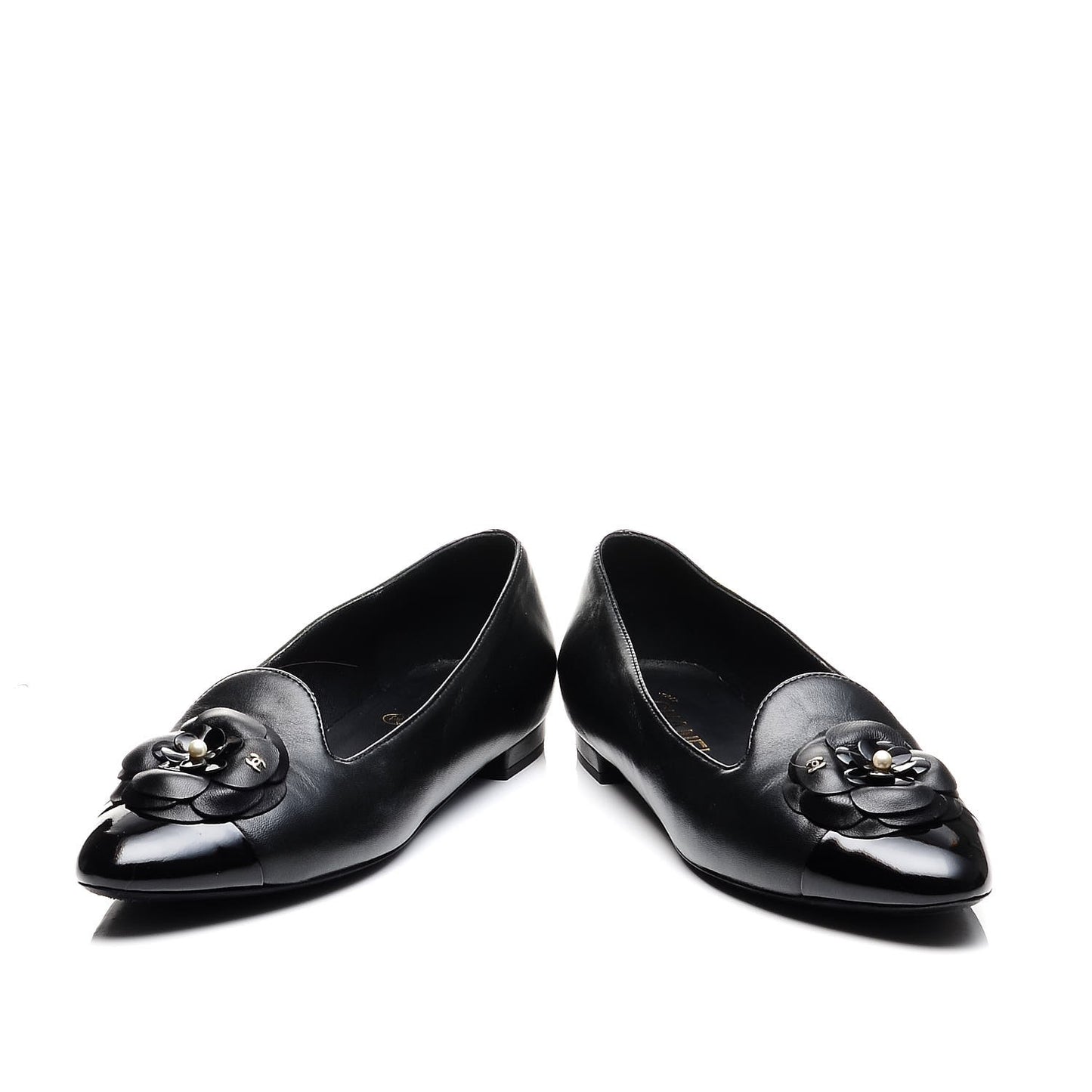 Lambskin Patent Calfskin Camellia Cap Toe Loafers 38 Black